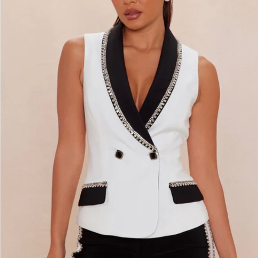 White Sleeveless Embellished Blazer Vest with Black Trim